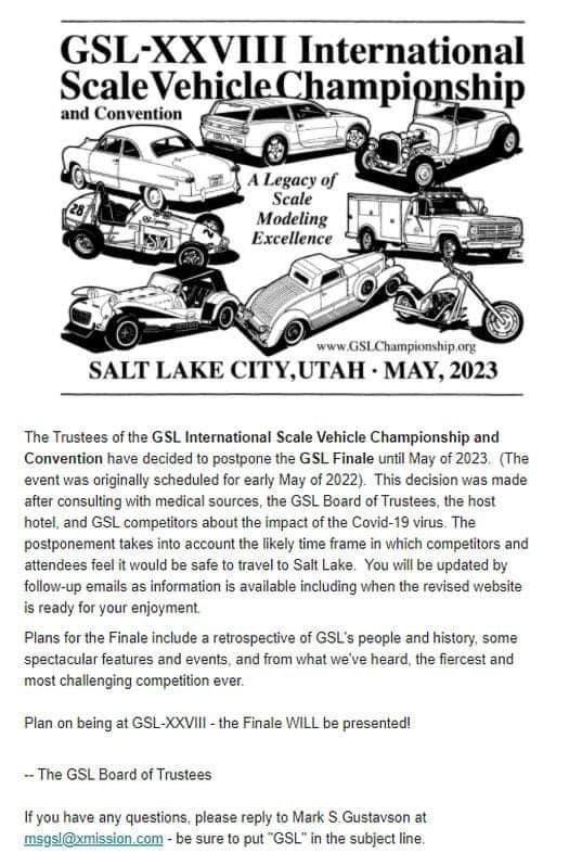 2022 Gsl Schedule Gsl Postponed From 2022 To 2023 - Contests And Shows - Model Cars Magazine  Forum