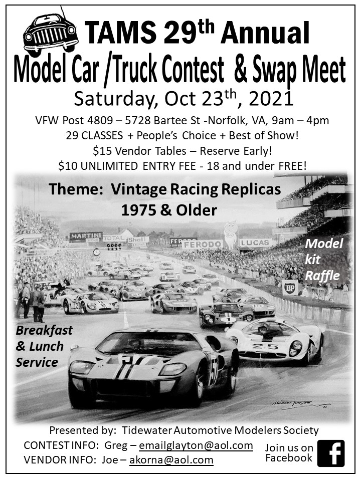 TAMS 29th Annual Model Car Contest and Swap Meet Norfolk, VA Model Car Shows/Events Model