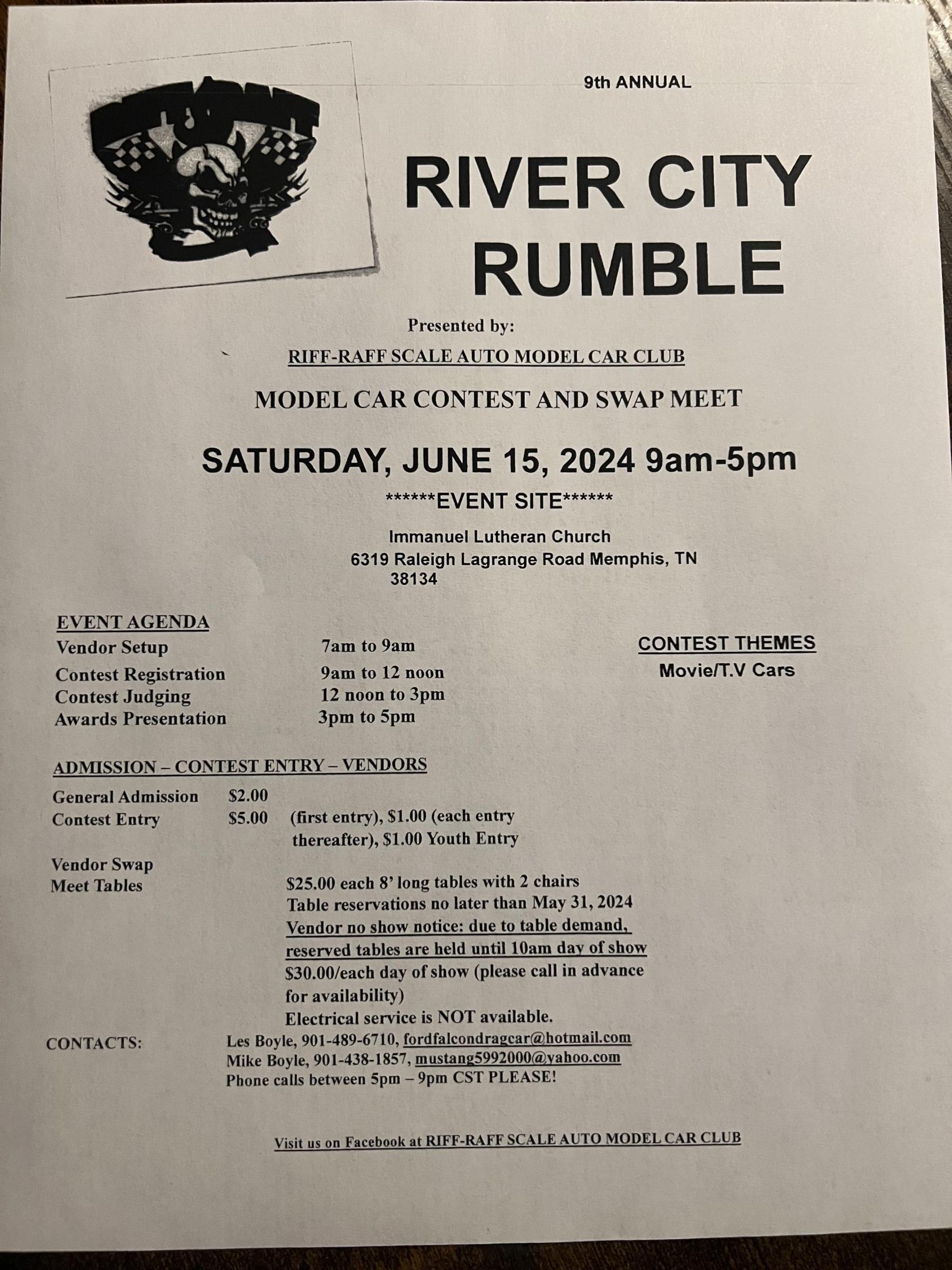 River City Rumble Model Car Contest and Swap Meet June 15th 2024