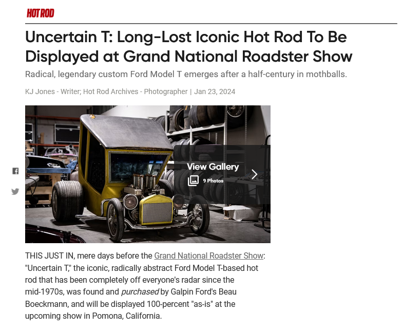 Uncertain T: Long-Lost Iconic Hot Rod To Be Displayed at Grand National  Roadster Show